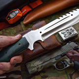 Combat Bushcraft Survival Camping Knife - Custom Handcrafted D2 Mirror Polished Steel Blade, Micarta G10 Handle, 13.5" Overall Length | Leather Sheath | KBS Knives