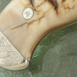 Hand Engraved Tennessee Bowie Knife - Custom Damascus Steel Blade, Ram Horn Handle, Hand Engraved Steel Guard and Bolster, 15" Overall Length | Leather Sheath | KBS Knives