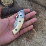 Everyday Carry Damascus Steel Folding Pocket Knife with Bone Handle & Damascus Bolster