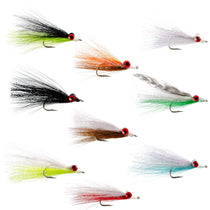 Assorted freshwater streamer fishing flies, multi-color feathers on barbed hooks