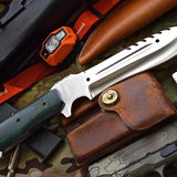 Combat Bushcraft Survival Camping Knife - Custom Handcrafted D2 Mirror Polished Steel Blade, Micarta G10 Handle, 13.5" Overall Length | Leather Sheath | KBS Knives