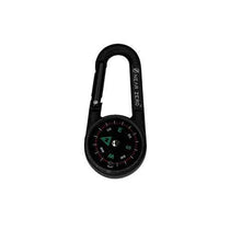 Black compass thermometer carabiner with round analog dial and carabiner loop, isolated.