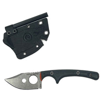 Blue-handled survival knife with black sheath, blade angled left