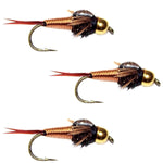 Bead-head copper nymph flies with red tail, size 20 (3-pack)