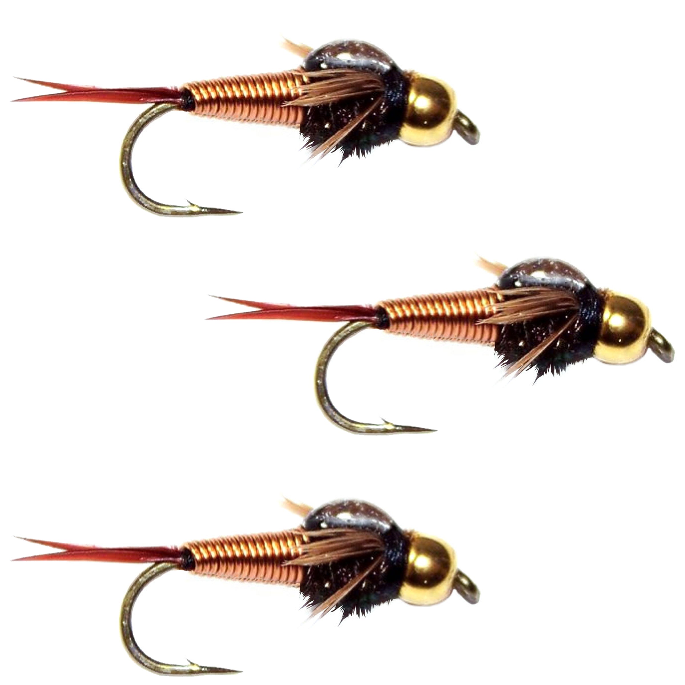 Three bead-head copper nymph fishing flies with red tail, size 22