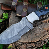 Resin-Handled Damascus Steel Tracker Knife - 10" Overall Length, Handmade Craftsmanship, Leather Sheath Included