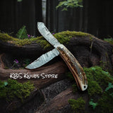 Custom 3 Inch Cowboy Pocket Knife - Damascus Steel with Antler Horn Handle