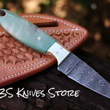 Custom 3 Inch Damascus Cowboy Sheath Knife - Antique Sheep Horn Handle with Brass Bolster