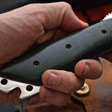 Combat Bushcraft Survival Camping Knife - Custom Handcrafted D2 Mirror Polished Steel Blade, Micarta G10 Handle, 13.5" Overall Length | Leather Sheath | KBS Knives