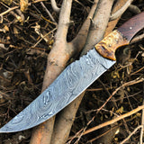 Custom Handcrafted Damascus Steel Hunting Bowie Knife with Rosewood & Sheep Horn Handle – 13-Inch Blade for Sale by KBS Knives