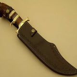 Custom Handcrafted Bowie Knife - Damascus Steel Blade, Rosewood Handle with Brass Double Guard & Stag Crown, 15" Overall Length | Leather Sheath | KBS Knives