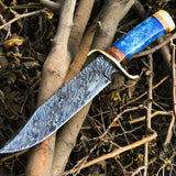 Custom Handcrafted Fire Pattern Damascus Steel Bowie Knife – Buffalo Horn & Olive Wood Handle with Leather Sheath | 13-Inch, Perfect for Hunting – KBS Knives