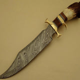 Custom Handcrafted Bowie Knife - Damascus Steel Blade, Rosewood Handle with Brass Double Guard & Stag Crown, 15" Overall Length | Leather Sheath | KBS Knives