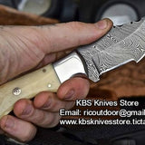 Custom Handcrafted Damascus Steel EDC Tracker Knife - 7" Full Tang Bone Handle with Steel Bolster & Horizontal Leather Sheath | Ideal for Survival, Camping, and Tactical Use | KBS Knives