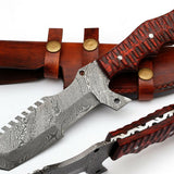 Custom Handcrafted Damascus Steel Tanto Tracker Knife - 11.5" Exotic Color Wood Handle with Horizontal Leather Sheath | Survival, Camping, Tactical | KBS Knives