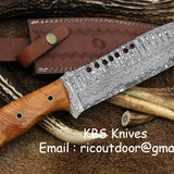 Full Tang Hunter Bowie Knife with Custom Handcrafted Damascus Steel Blade & Olive Wood Handle - 17 Inches