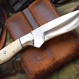Custom Handcrafted J2 Steel ELK Skinning Knife - 9 Inch Bone Handle with Steel Bolster, Leather Sheath - Premium Hunting Knife by KBS Knives