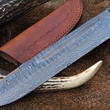 Pig Sticker Big Bowie Knife with Custom Handcrafted Full Tang Damascus Steel Blade & Sheep Horn Handle - 17 Inches