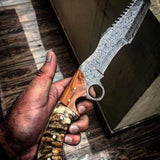 Custom Handcrafted Raindrops Damascus Tanto Tactical Survival Tracker Knife - 13" Mountain Sheep Horn & Olivewood Handle with Finger Hole | Horizontal Leather Sheath | KBS Knives
