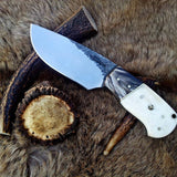 Custom Handmade 1095 Forged Steel Deer Skinning Knife - 8.5 Inch Buffalo Horn & Bone Handle, Leather Sheath - Premium Hunting Knife by KBS Knives