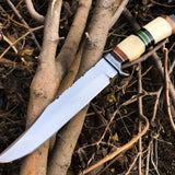 Custom Handmade D2 Steel Bowie Knife – 14-Inch Blade with Bone & Colored Wood Handle, Damascus Guard & Leather Sheath | Perfect for Hunting – KBS Knives