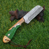 Custom Handmade Damascus Steel Cowboy Bull Cutter Knife with Olive Wood & Epoxy Resin Handle | 8-Inch Western Ranch Knife with Leather Sheath – KBS Knives