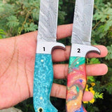 Western Bull Cutter Knife – Handmade Damascus Ranch Blade with Resin Handle & Leather Sheath