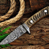 Custom Handmade Damascus Steel Blade Skinning Knife with Sheep Horn Handle, 8-Inch Overall Length, and Leather Sheath - Perfect for Hunters