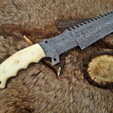 Custom Handmade Damascus Tanto Tracker Knife with Camel Bone Handle and Leather Sheath – Full Tang 12-Inch Survival Knife by KBS Knives