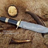 Custom Handmade Hunting Bowie Knife with Damascus Steel Blade & Buffalo Horn Handle - 13 Inches