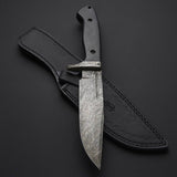 Original Bowie Knife with Leather Sheath for Sale – Custom Handmade Full Tang Damascus Steel Blade, Micarta G10 Handle & Damascus Guard | 11.5-Inch Hunting Knife with Blood Groove – KBS Knives