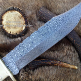 Vintage Western USA W49 Bowie Knife - Custom Handcrafted Full Tang Damascus Steel Blade, Bone Handle with Brass Spacers, 15" Overall Length - Leather Sheath | KBS Knives