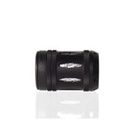 Black aluminum fishing reel nut close-up of textured bands and silver insert