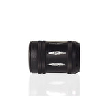 Black aluminum fishing reel nut close-up of textured bands and silver insert