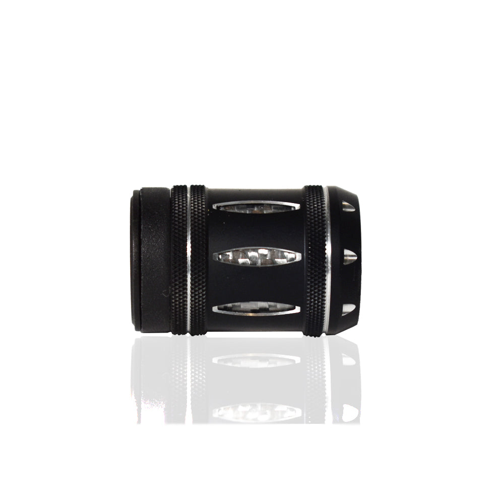 Black aluminum fishing reel nut with textured grip and silver insert