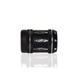 Black aluminum fishing reel nut with textured grip and silver insert