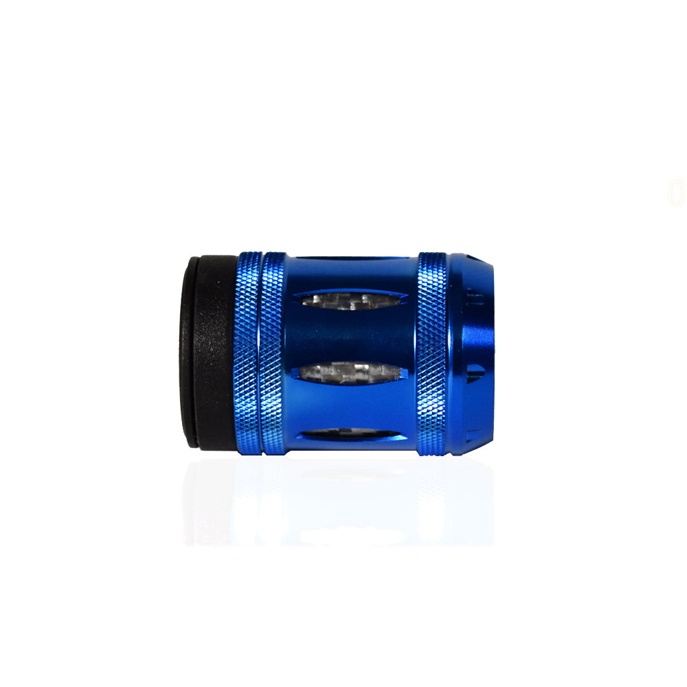 Blue aluminum fishing reel nut with black grip and silver insert