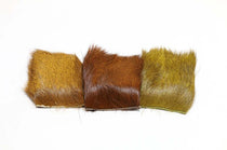 Dyed elk hair swatches, three tones: brown, reddish brown, and olive green