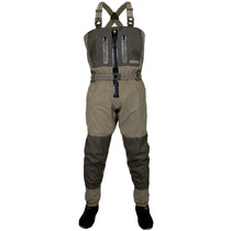 Olive breathable chest waders with front zipper, suspenders, and stockingfoot boots