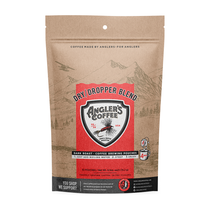 Kraft brown coffee pouch with red label, Dry/Dropper Blend for brewing