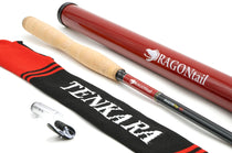 Red tenkara fishing rod with cork handle and black/red carrying sleeve