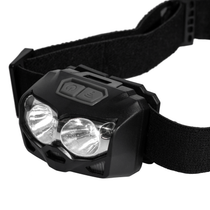 Black dual-LED headlamp with textured housing and adjustable elastic head strap