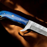 Premium Damascus Bull Cutter Knife - 7" Hand Forged Steel with Exotic Blue Wood Handle