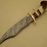 Custom Handcrafted Bowie Knife - Damascus Steel Blade, Rosewood Handle with Brass Double Guard & Stag Crown, 15" Overall Length | Leather Sheath | KBS Knives