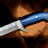 Premium Damascus Bull Cutter Knife - 7" Hand Forged Steel with Exotic Blue Wood Handle