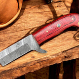 Premium Damascus Steel Bull Cutter Knife - 7" Exotic Redwood Handle with Western Sheath