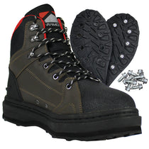 Brown cleated wading boots with red collar, black sole, and lace-up front