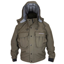 Waterproof wading jacket in elk brown with hood up and two chest flap pockets