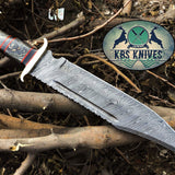Western Outlaw Bowie Knife - Custom Handcrafted Damascus Steel Blade, Exotic Wood Handle, Red Fiber Spacers, Brass Guards, 16" Overall Length | Leather Sheath | KBS Knives