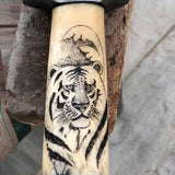 Hand Engraved Hunting Bowie Knife - Custom Handcrafted Damascus Steel Blade, Hand Engraved Bone Handle, Damascus Guard, 12" Overall Length | Leather Sheath | Personalized Engraving Available | KBS Knives